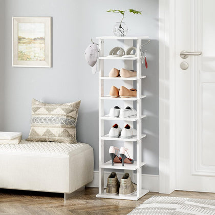 HOOBRO 8 Tiers Vertical Shoe Rack, Wooden Shoe Storage Organizer with Hooks, Narrow Shoe Tower for 8 Pairs, Space Saving, for Entryway, Living Room, Bedroom, White WT07XJ01G1