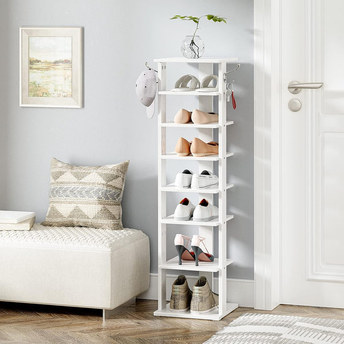 HOOBRO 8 Tiers Vertical Shoe Rack, Wooden Shoe Storage Organizer with Hooks, Narrow Shoe Tower for 8 Pairs, Space Saving, for Entryway, Living Room, Bedroom, White WT07XJ01G1
