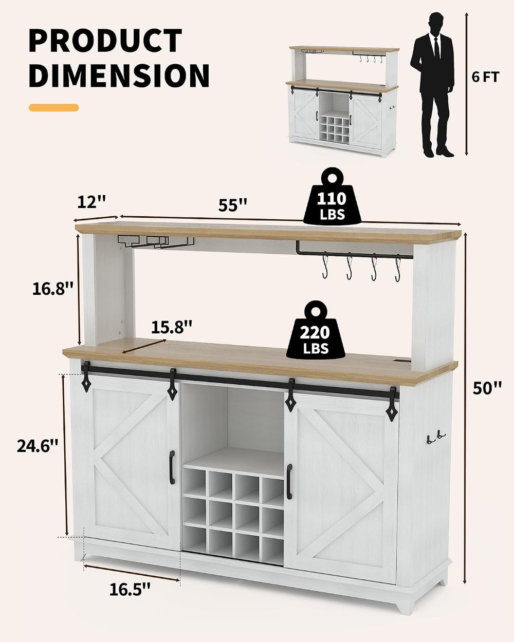 Garvee 55 in Coffee Bar Cabinet with Power Outlet & LED Light, Farmhouse ...
