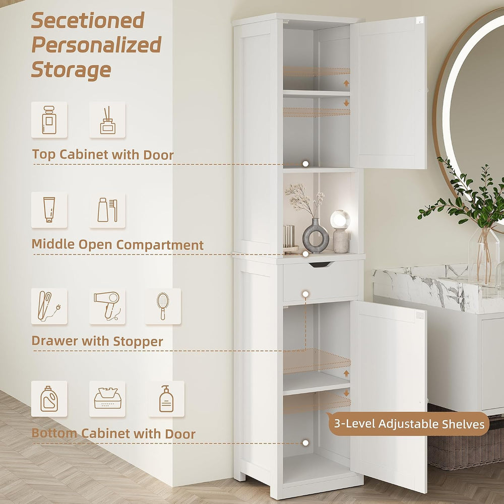 Shintenchi Tall Bathroom Storage Cabinet, Narrow Slim Cabinet, White