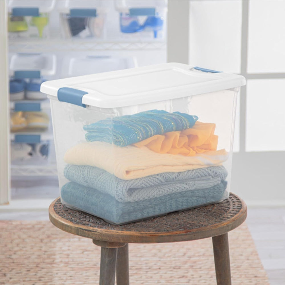 Sterilite 25 Quart Latching Box, Clear Plastic Storage, White, 6 Pack