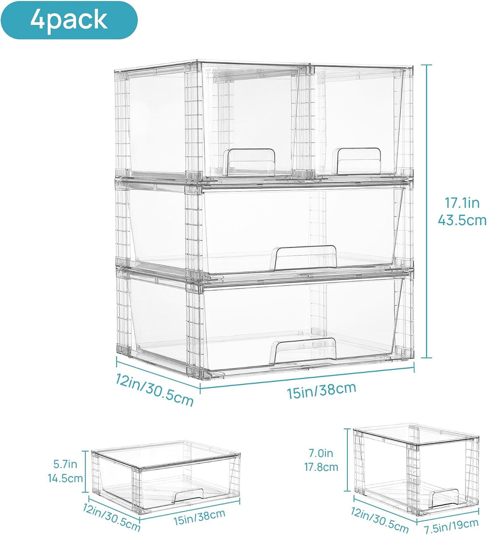 Vtopmart Clear Stackable Storage Drawers, 4 Pack Wide Organizer Set