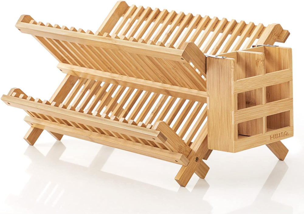 HBlife Dish Rack, Bamboo Folding 2-Tier Collapsible Drainer Dish Drying Rack ...