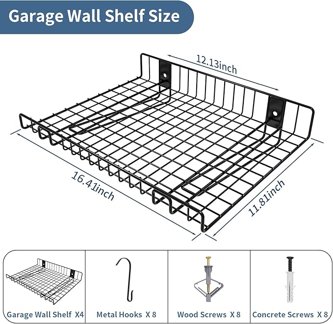 4 Pack Garage Wall Shelf, Wall Mounted Storage Shelves, Heavy Duty Metal Shelves