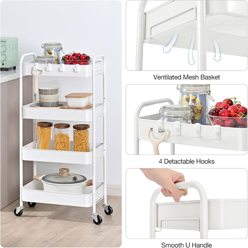 TOOLF 4 Tier Metal Rolling Cart, Utility Storage Cart with Wheels, White