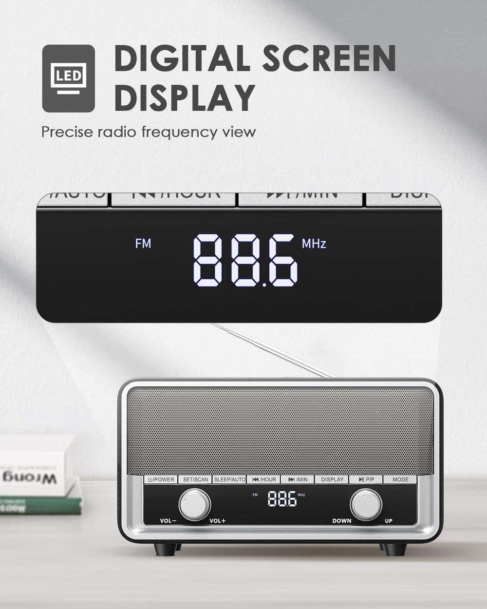 Retro Wood AM FM Bluetooth Radio with Time/Station Display