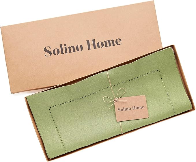 Solino Home Linen Moss Green Hemstitch Table Runner 60 Inches - 100% Pure Lin...