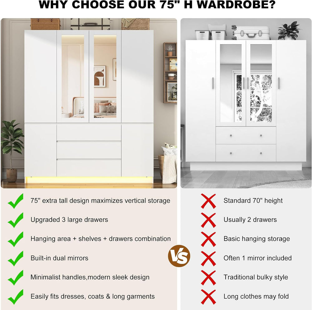 4 Doors Armoire Wooden Wardrobe Closet with 3 Drawers & 2 Mirror, 75&quot...