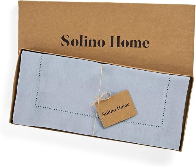 Solino Home Linen Dusty Blue Table Runner 48 Inches - Classic Hemstitch, 100%...