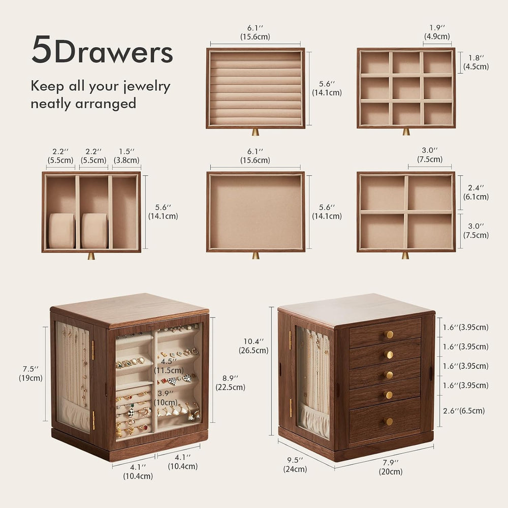 Rotating Black Walnut Wooden Jewelry Box for Women, 5 Layer
