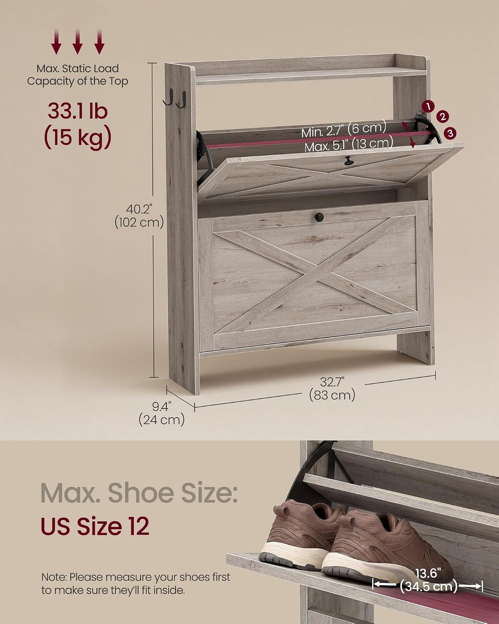 VASAGLE Narrow Shoe Storage Cabinet Organizer with 2 Flip Drawers
