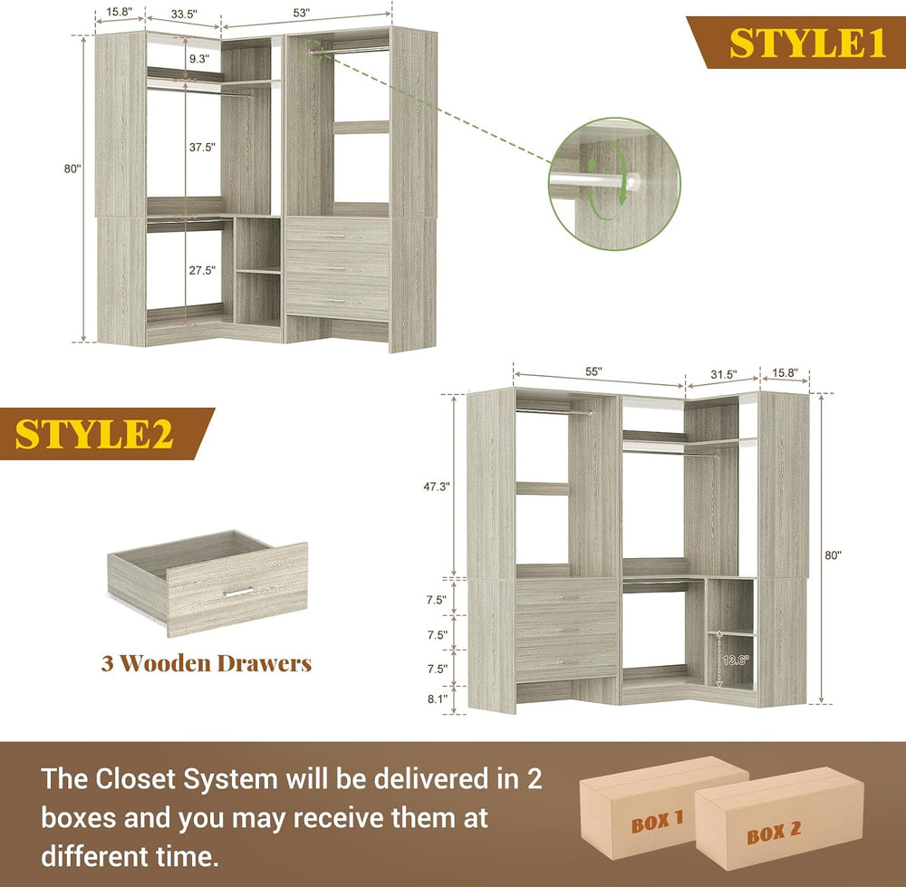 Aheaplus Closet System with 3 Drawers, L-Shaped Closet,Set of 2, White Oak