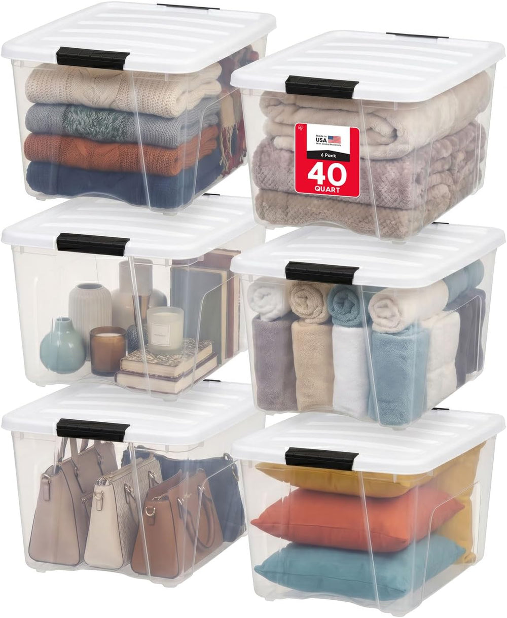 IRIS USA 40 Qt Storage Bins with Lids, 6 Pack, Clear/White