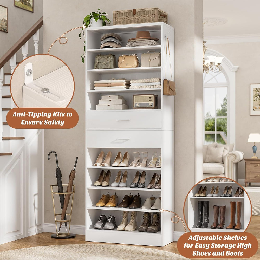 Aheaplus 10 Tiers Tall Shoe Cabinet, 25.6" Wood Sturdy Shoe Rack, White