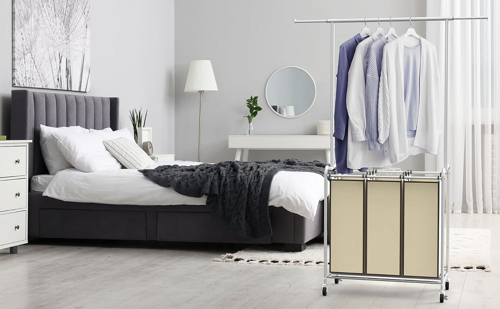 Deco Brothers Heavy Duty 3 Bags Laundry Sorter Cart with Hanging Bar, Beige