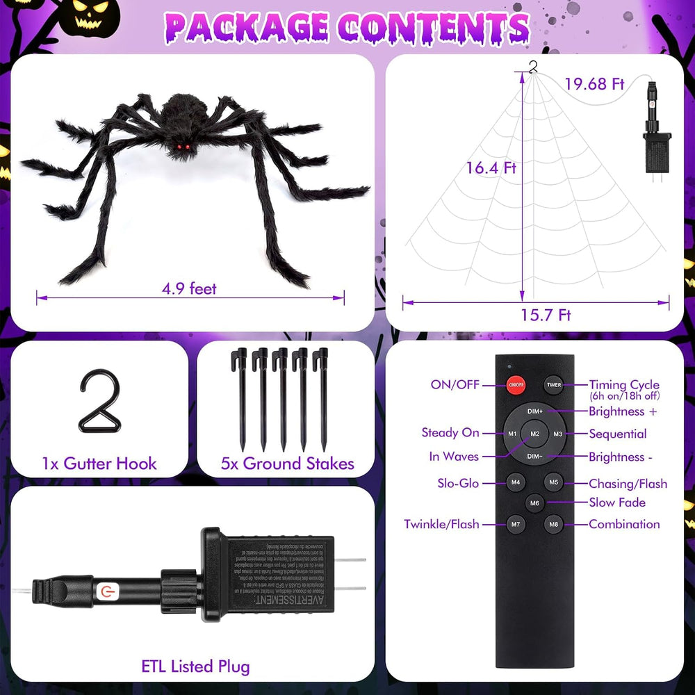 OCATO 200" Halloween Decorations Spider Web Lights Outdoor +59" Fak...
