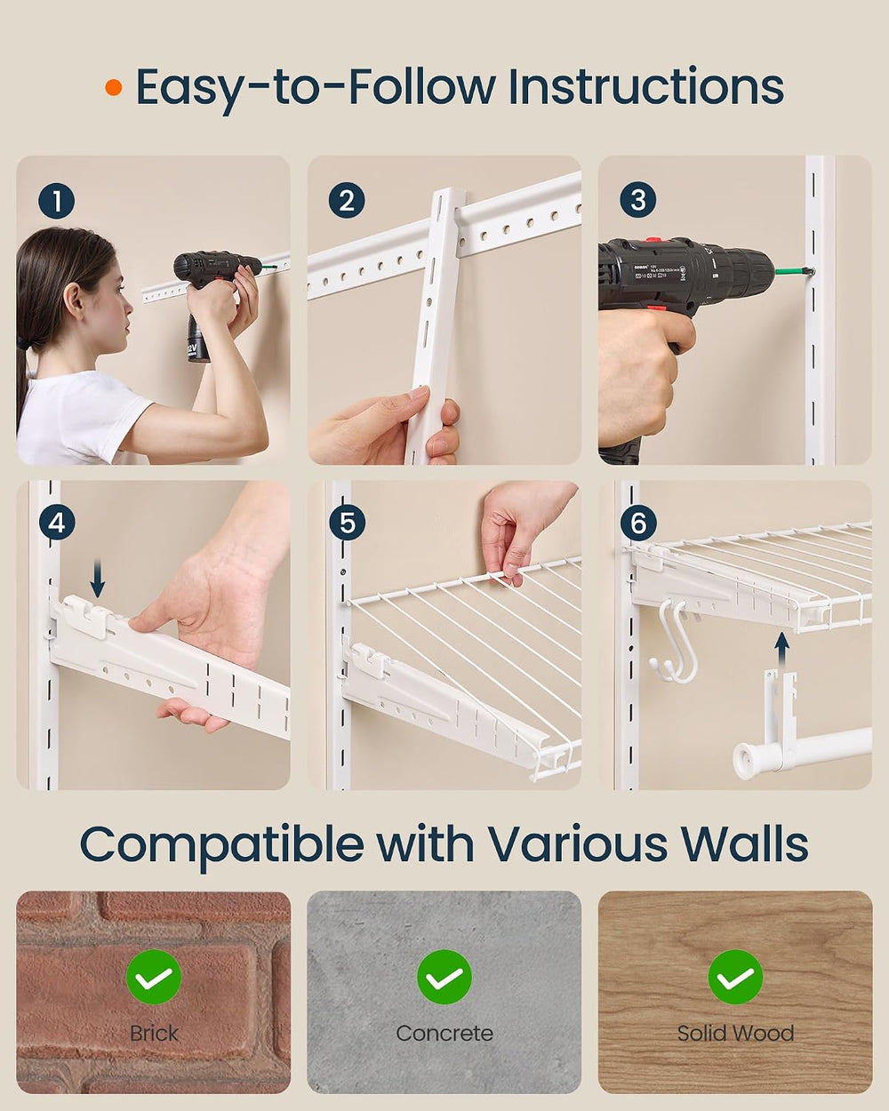 SONGMICS HOME Closet System, Closet Insert Organizer, 6-8 ft Closet Shelves