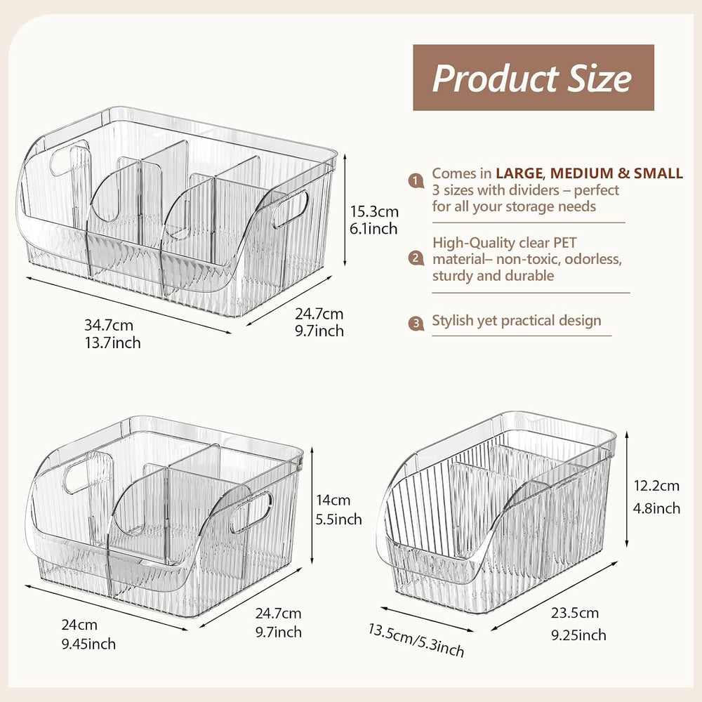 3 Pack Adjustable Dividers Storage Bins, Clear Pantry Organizers Boxes Set