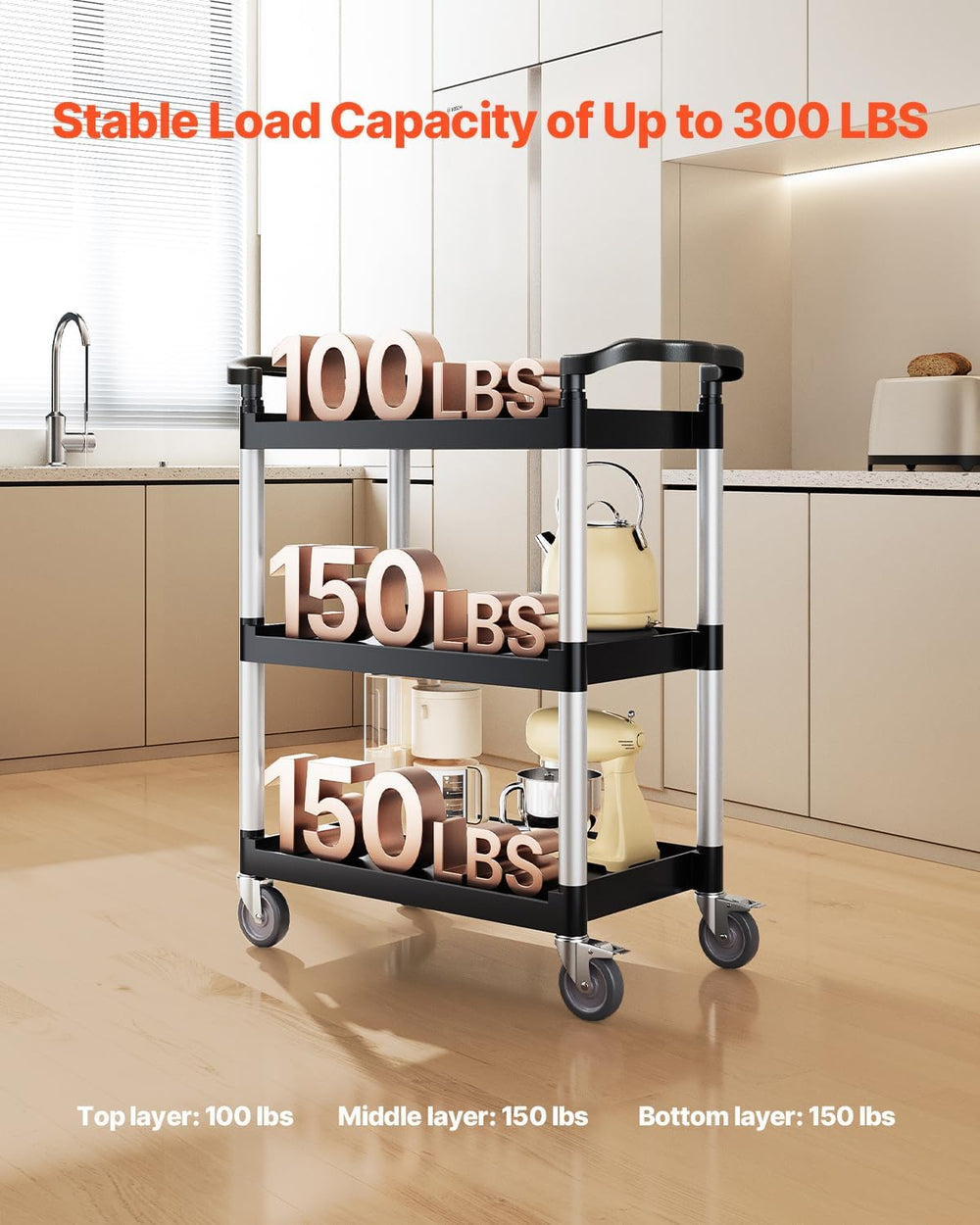 VEVOR Utility Cart, 300 lbs Load Capacity, 3-Tier Utility Plastic Cart with 3...
