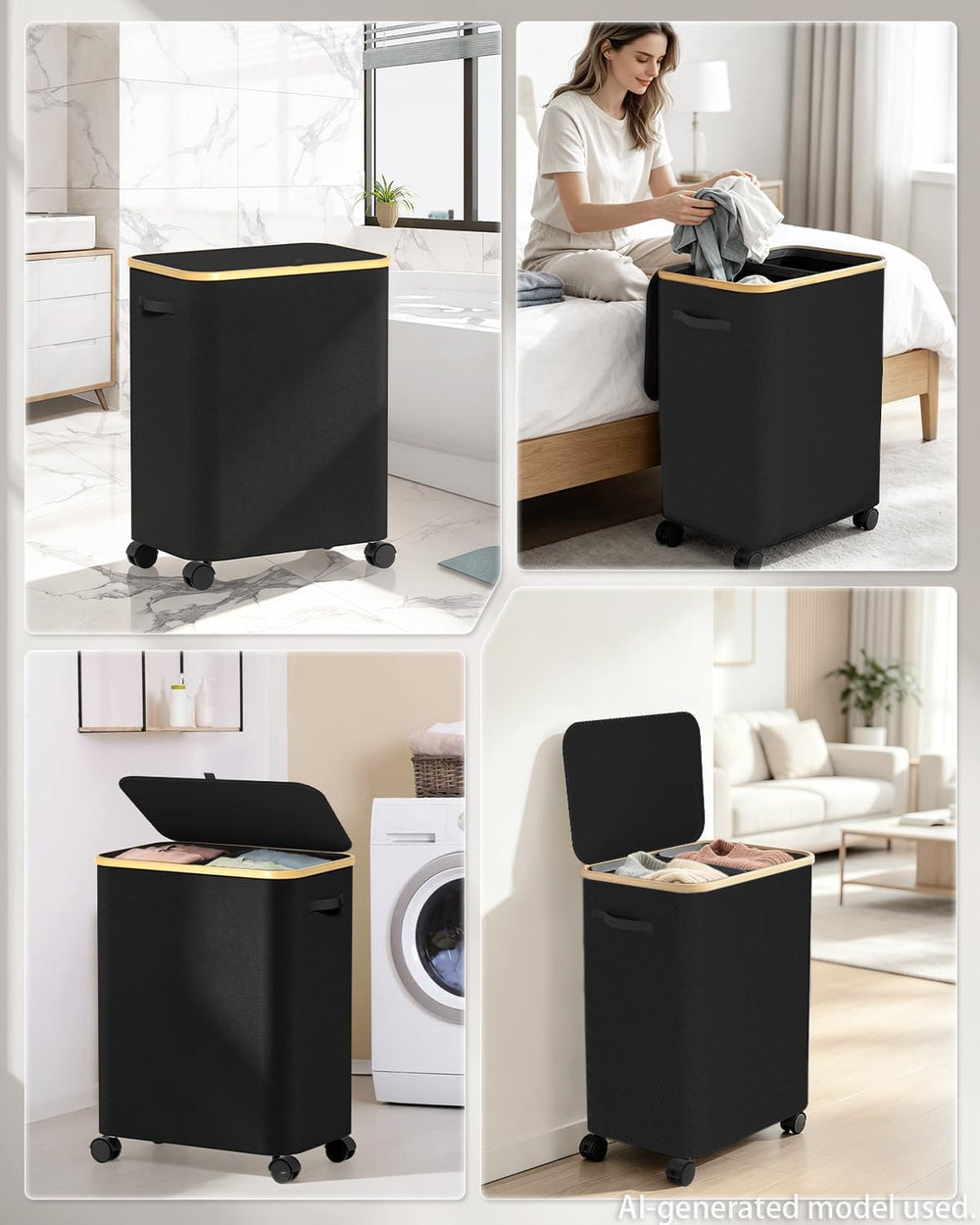 Double Laundry Basket with Wheels and Lid, 150L Clothes Hampers for Laundry