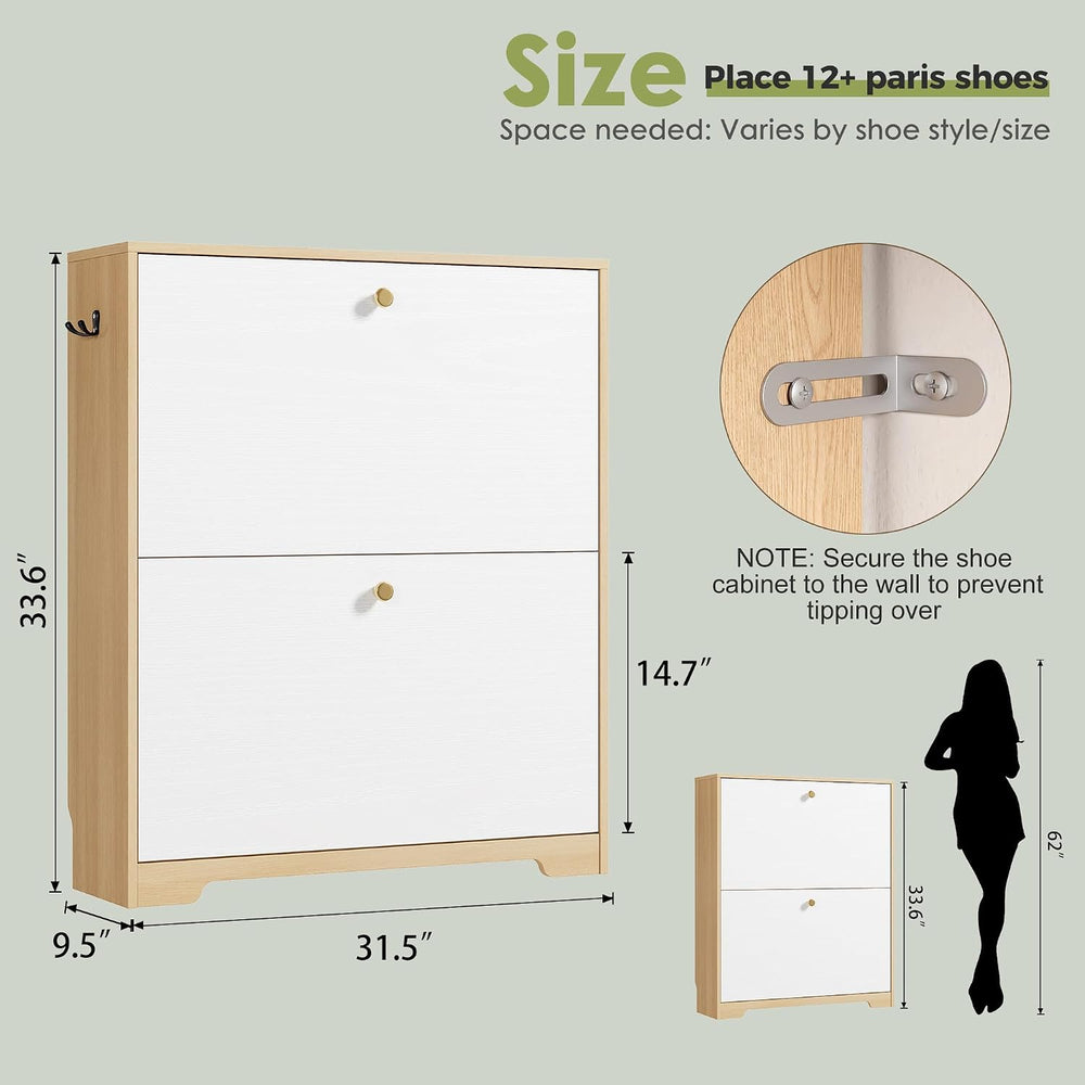 Nicetree Shoe Storage Cabinet with 2 Flip Drawers, Natural Oak and White