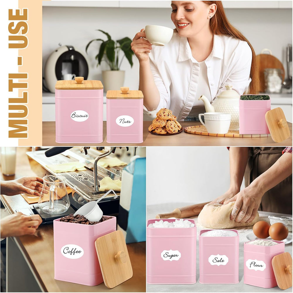 Kitchen Canister Set of 3 & Airtight Bamboo Lids Spoon, Pink, L,M,S