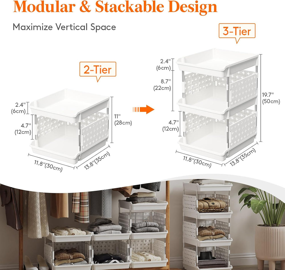 Lifewit 3 Tier Plastic Stackable Storage Baskets for Clothes 1 Pack, White