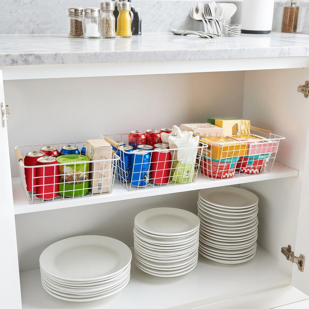 LeleCAT White Wire Baskets for Organizing with Handles，Pantry Organizers and ...