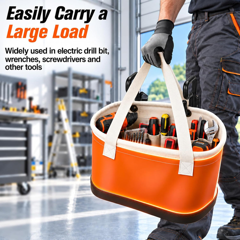 Oval Bucket Tool Organizer with 2 Hooks, 14 Pockets, Lineman
