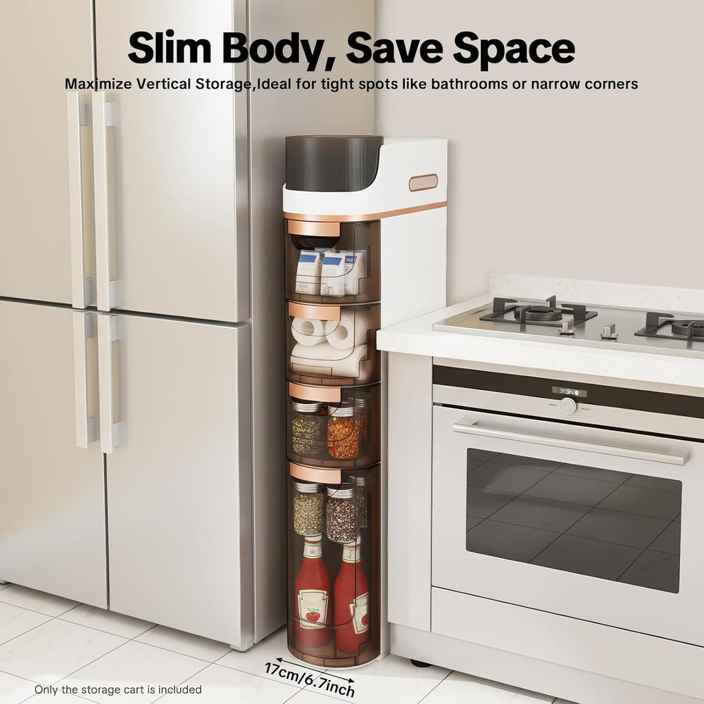 4 Tiers Slim Bathroom Storage Cabinet, Drawer Narrow Slim Storage Cart with T...