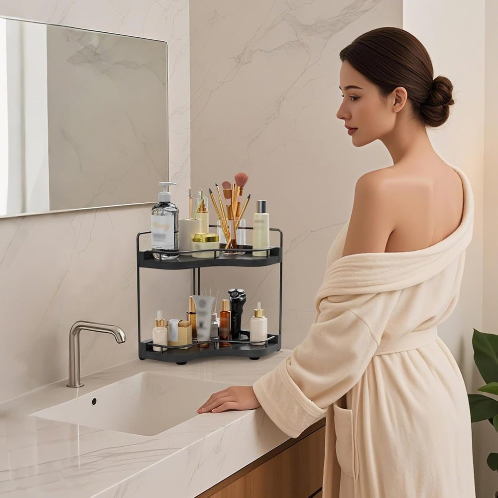 2-Tier Corner Bathroom Counter Organizer, Larger Size, Black