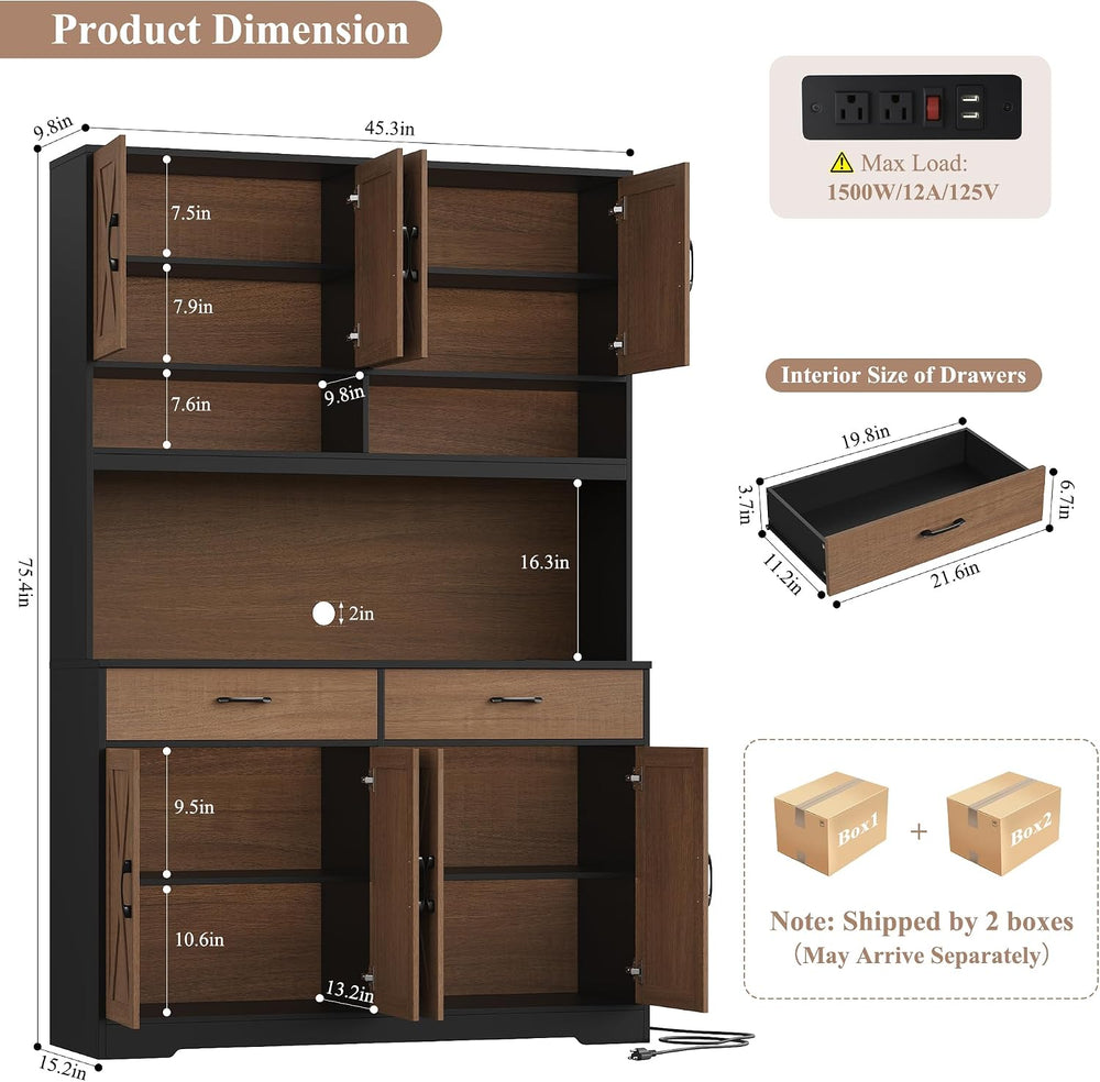 HOSTACK 75" Tall Kitchen Pantry Storage Cabinet, 45"W Hutch, Brown/...