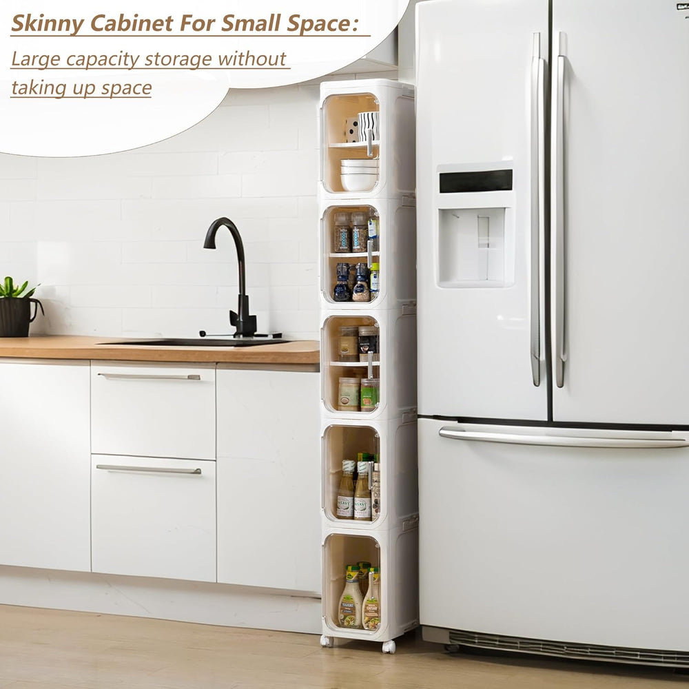 5-Tier Narrow Storage Cabinet Slim Bathroom Tall Skinny Organizer，Beige