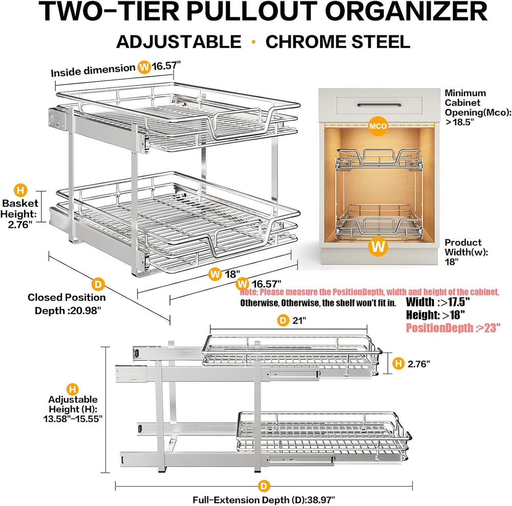 2-Tier Kitchen Cabinet Pull Out Shelf and Drawer Organizer Slide Out Pantry S...