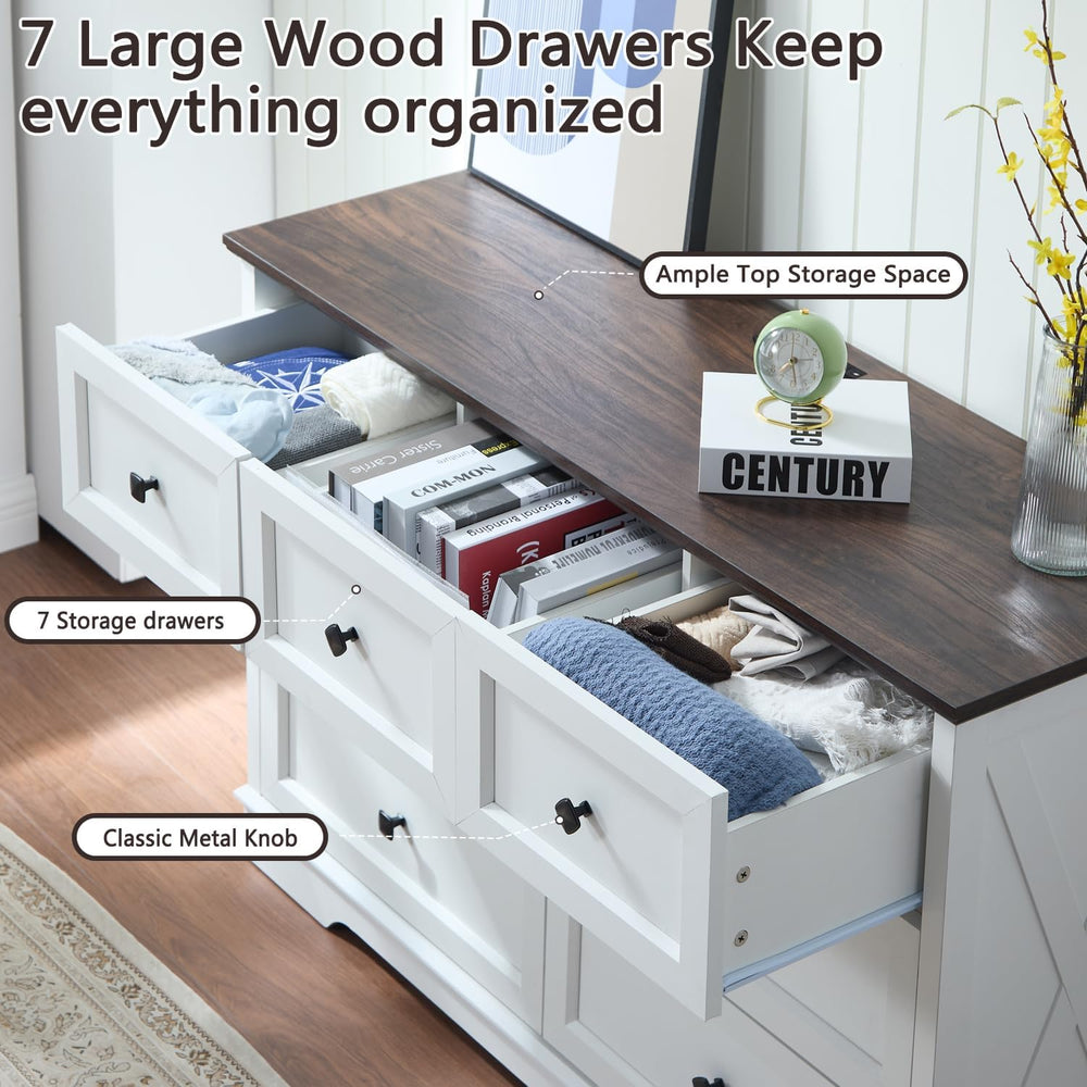 Farmhouse 7 Drawers Dresser for Bedroom with Charging Station,Wood Dressers