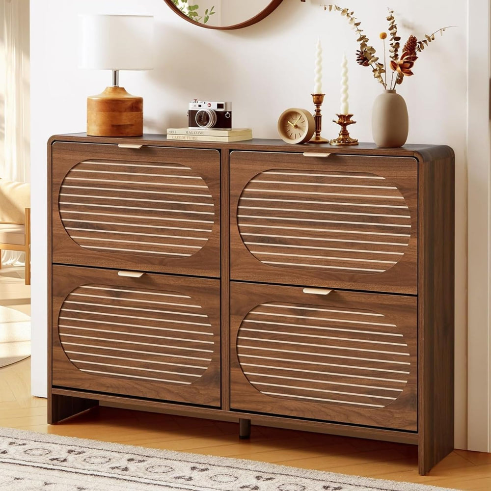 Narrow Shoe Storage Cabinet for Entryway with 4 Flip Drawers, Curved Edge Sho...