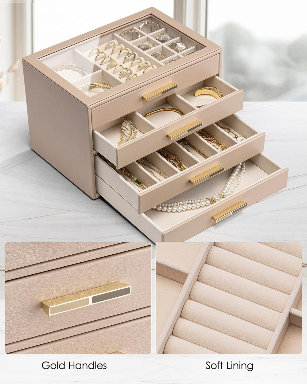 VLANDO Jewelry Box Organizer, 7-Layer Storage Drawers, Glass Window, Modern