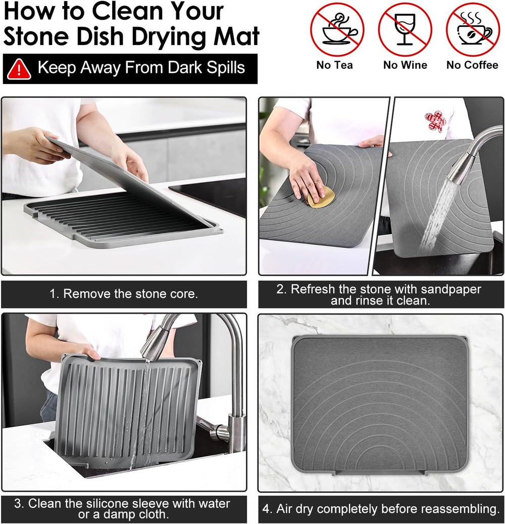 2-in-1 Stone & Silicone Dish Drying Mat, Grey_Ring line, 12.5"x15.6&...