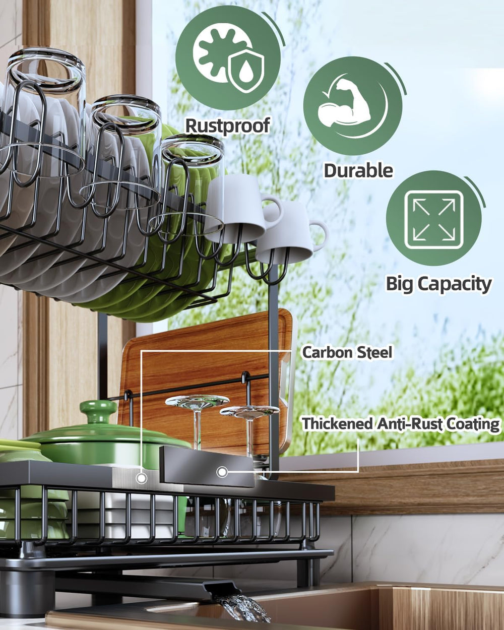 2-Tier Dish Drying Rack for Kitchen Counter, Space-Saving, Black