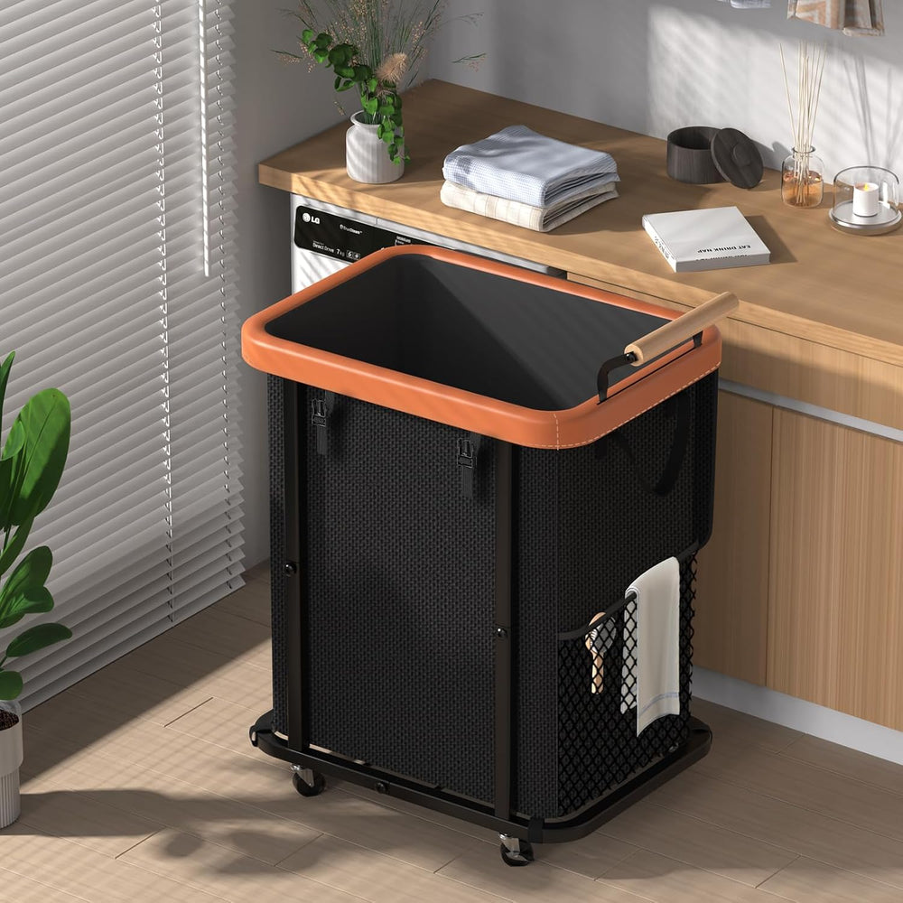 Laundry Hamper with Lid,Leather Patchwork Laundry Basket with Wheels 40Gal