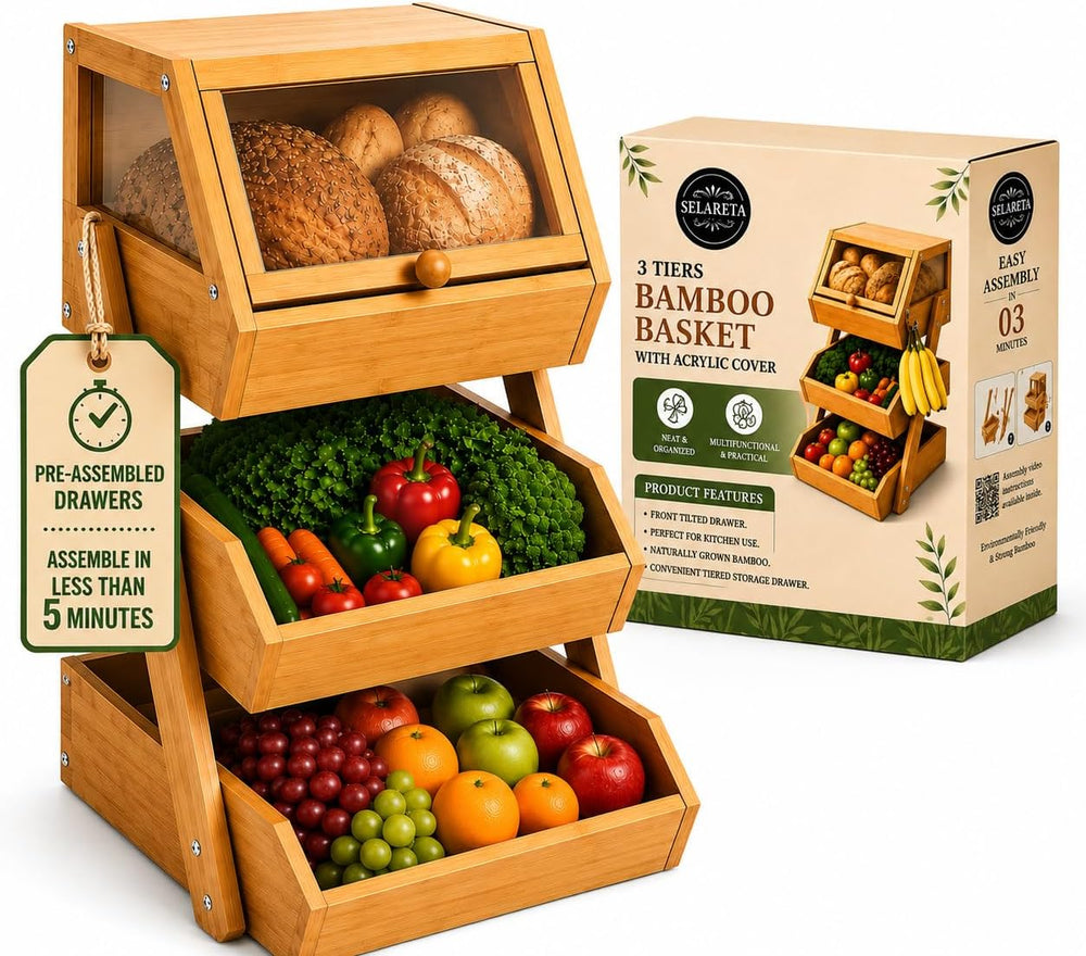 3-Tier Bamboo Basket with Preassembled Drawers, Acrylic Cover & Banana Ho...
