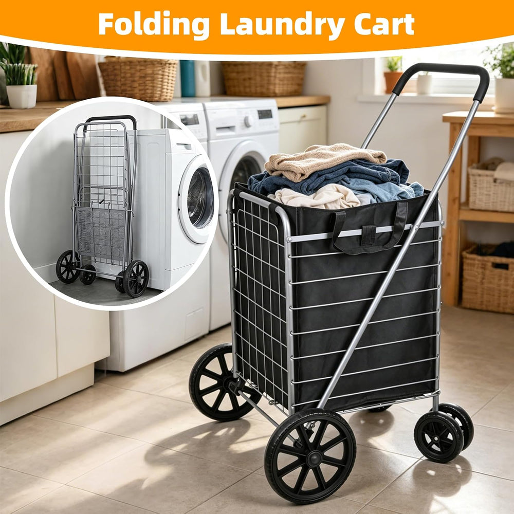 Folding Shopping Cart with Large Front Wheels, Grocery Cart with Waterproof L...