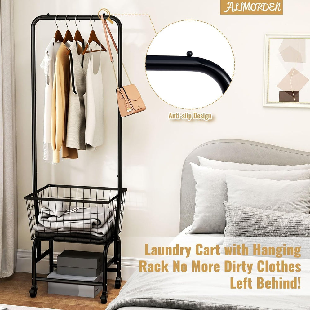 ALIMORDEN Rolling Laundry Cart with Hanging Rack & Metal Basket, Black