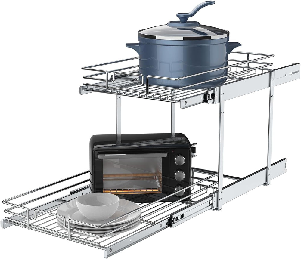 2 Tier Pull Out Cabinet Organizer, 20" W x 21" D Heavy-Duty Metal S...