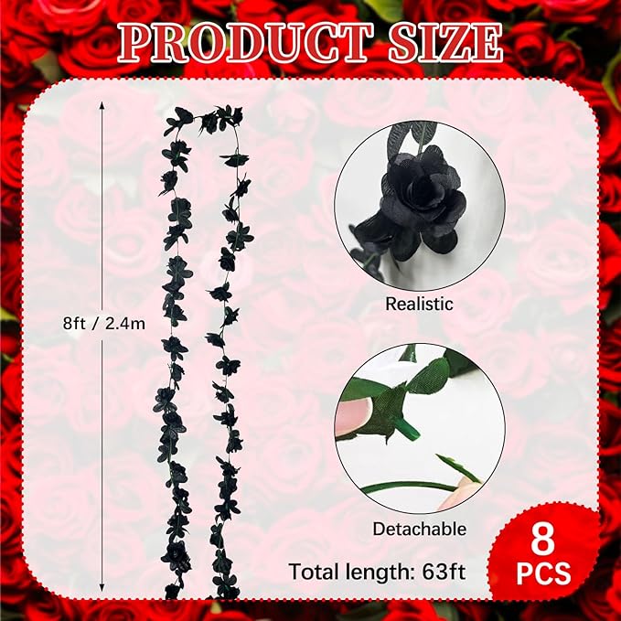 8Pcs 63Ft Black Rose Garland, Fake Rose Hanging Flowers, Artificial Flower Vi...