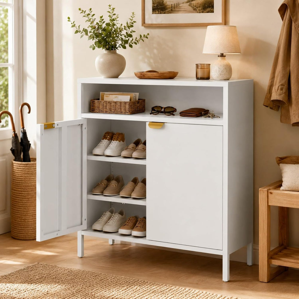 VINGLI Metal Shoe Cabinet, White Entryway Shoe Storage Cabinet with 2 Doors a...