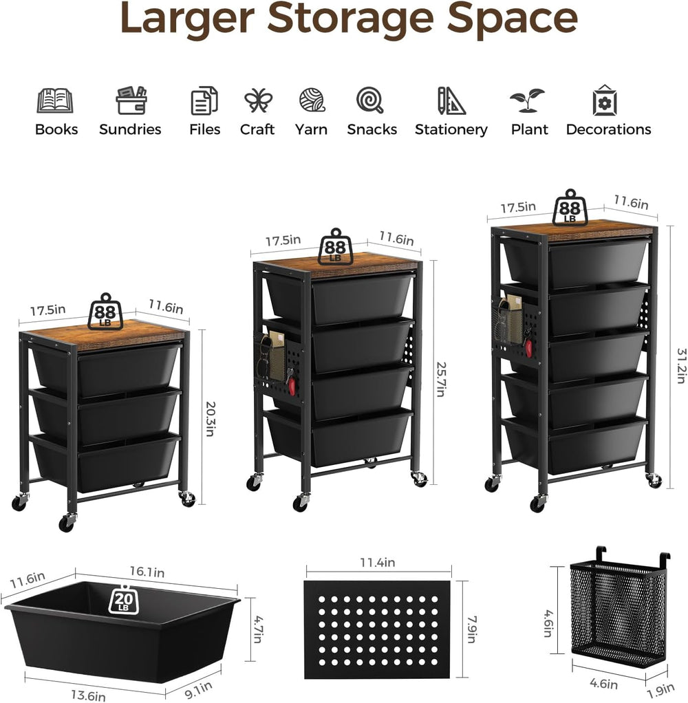 Rolling Cart with 5 Drawers, Plastic Drawer Storage Carts with Wheels & W...