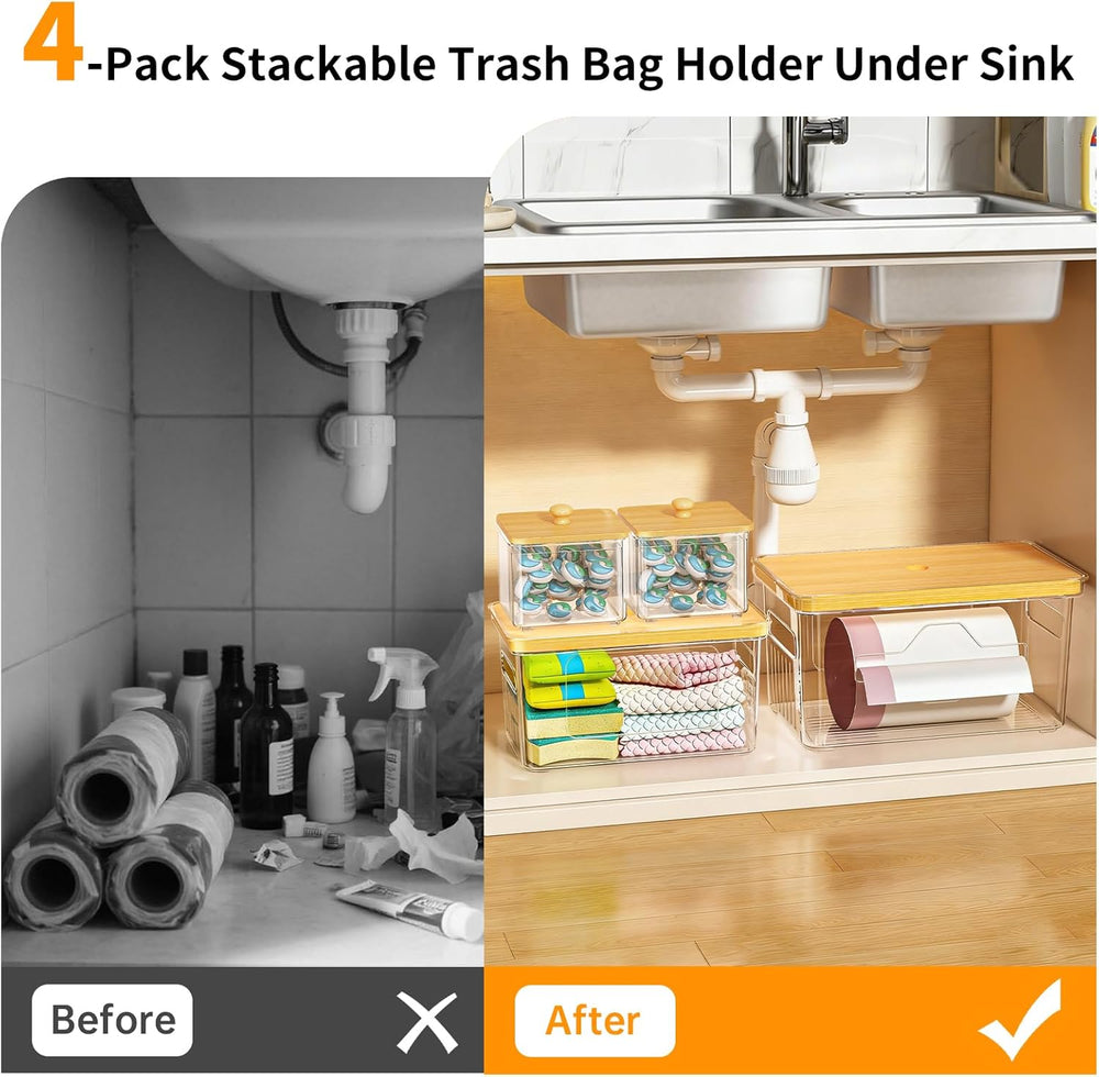 FELIZHOUSE 4 Pack Trash Bag Holder with Bamboo Lid, Stackable Garbage Bag Dis...