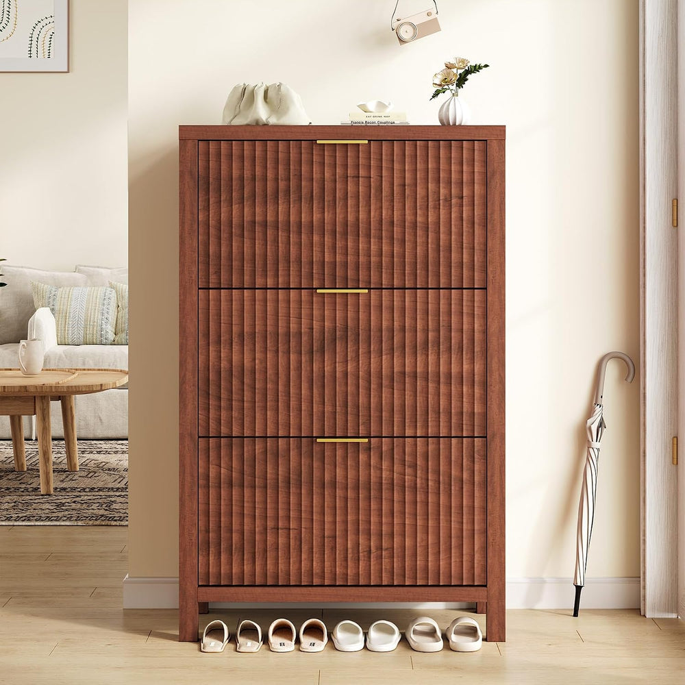 32" Fluted Shoe Cabinet Storage with 3 Flip Drawers for Entryway, Hallway