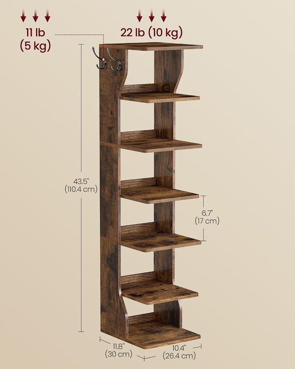 VASAGLE 7-Tier Vertical Shoe Rack, Narrow Shoe Storage Organizer with Hooks
